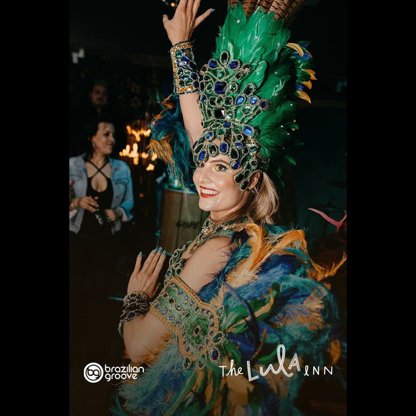Samba Dance Group Auckland green feathers and jewels costume