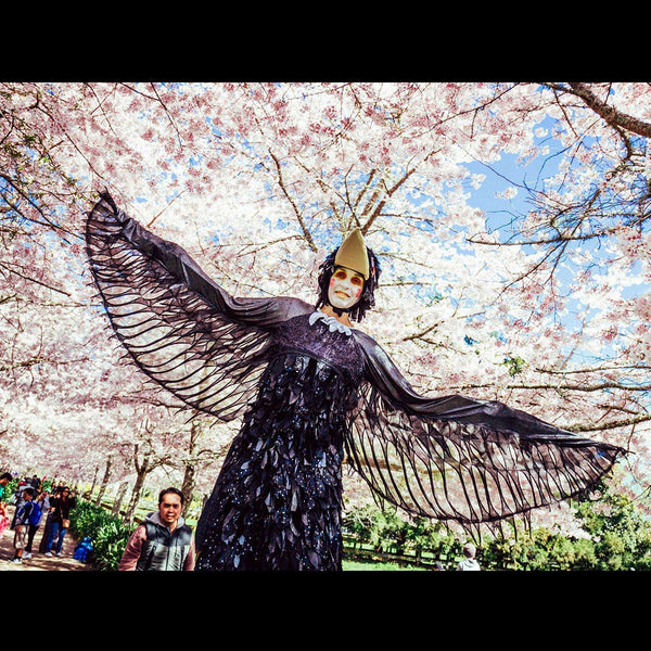 Free Lunch Hamilton stilt Walker bird character costume