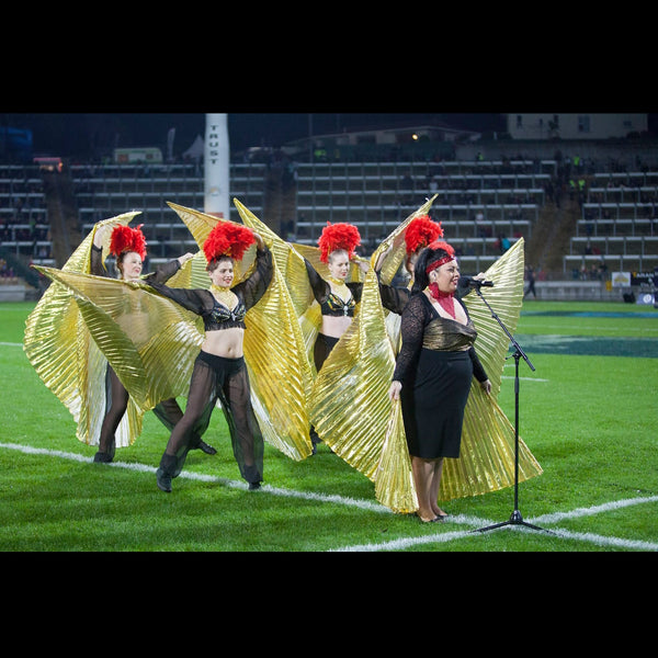 Unity Wara Maori cultural performer Wellington singing NZ anthem at sports stadium