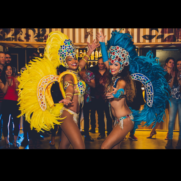 Samba Dancers yellow and blue boa feathers costume