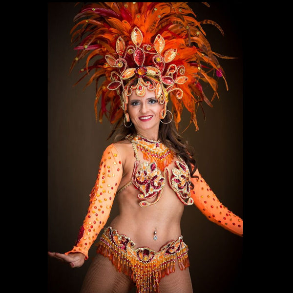 Brazilian Divas Auckland samba dancers orange boa feathers costume