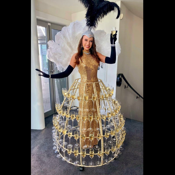 Gold champagne dress black and white boa feathers Finesse Entertainment Auckland