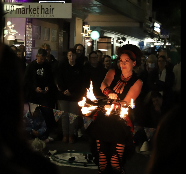 Flames of Plenty fire performance at night event Tauranga